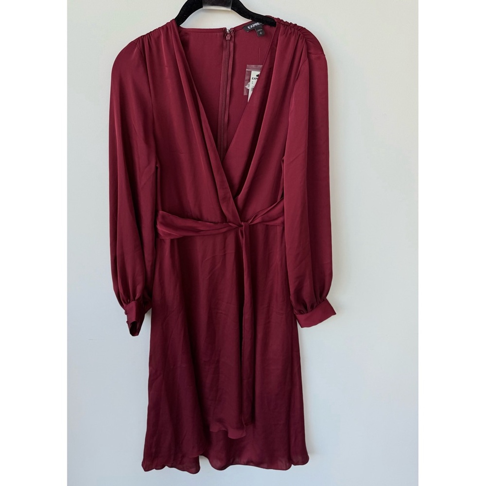 NWT Express Satin Burgundy Wrap Long Sleeve Midi Dress size small